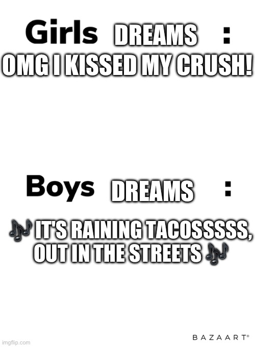 Boys vs girls | DREAMS; OMG I KISSED MY CRUSH! DREAMS; 🎶 IT'S RAINING TACOSSSSS, OUT IN THE STREETS 🎶 | image tagged in boys vs girls | made w/ Imgflip meme maker