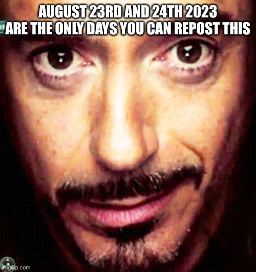 Tony Stark Repost | AUGUST 23RD AND 24TH 2023 ARE THE ONLY DAYS YOU CAN REPOST THIS | image tagged in tony stark repost | made w/ Imgflip meme maker