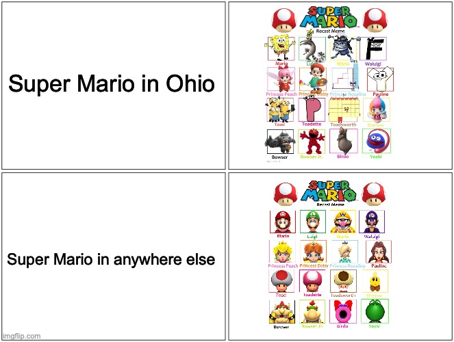 Bruh (People in Ohio, please don't be offended) | Super Mario in Ohio; Super Mario in anywhere else | image tagged in memes,blank comic panel 2x2,ohio,mario,super mario | made w/ Imgflip meme maker