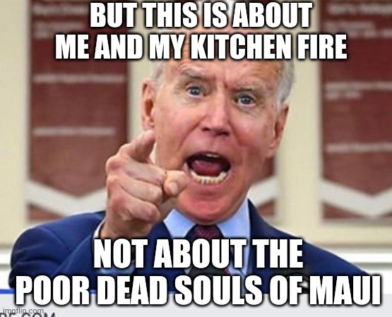 Joe Biden no malarkey | BUT THIS IS ABOUT ME AND MY KITCHEN FIRE NOT ABOUT THE POOR DEAD SOULS OF MAUI | image tagged in joe biden no malarkey | made w/ Imgflip meme maker