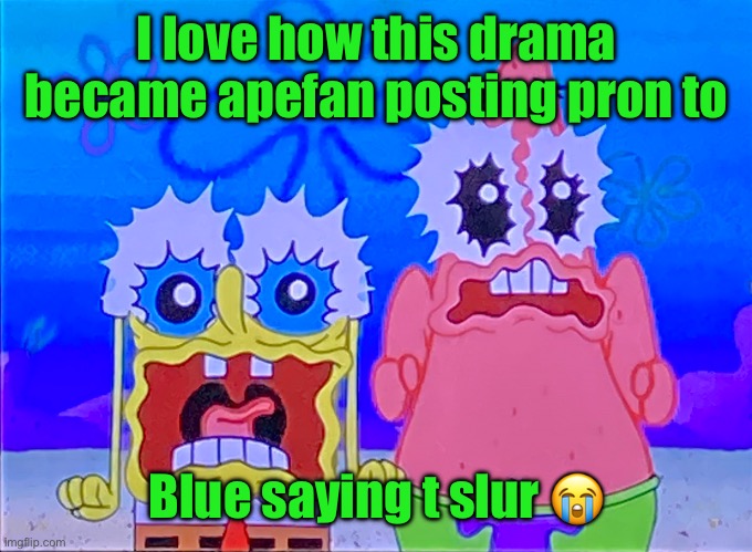 Scare spongboob and patrichard | I love how this drama became apefan posting pron to; Blue saying t slur 😭 | image tagged in scare spongboob and patrichard | made w/ Imgflip meme maker