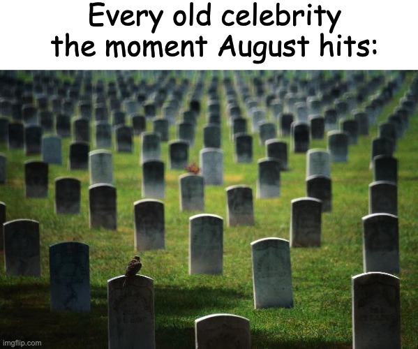 August is a Cursed Month | Every old celebrity the moment August hits: | image tagged in graveyard cemetary,celebrity,graveyard,dead,august,gravestone | made w/ Imgflip meme maker