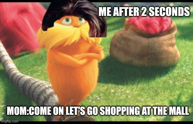 You have to admit that's true | ME AFTER 2 SECONDS; MOM:COME ON LET'S GO SHOPPING AT THE MALL | image tagged in 90s lorax | made w/ Imgflip meme maker