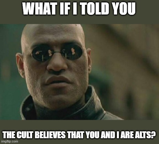 Matrix Morpheus Meme | WHAT IF I TOLD YOU THE CULT BELIEVES THAT YOU AND I ARE ALTS? | image tagged in memes,matrix morpheus | made w/ Imgflip meme maker