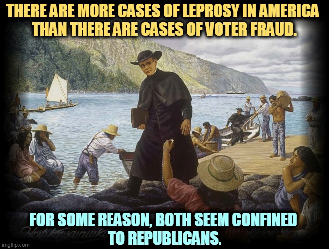 THERE ARE MORE CASES OF LEPROSY IN AMERICA 
THAN THERE ARE CASES OF VOTER FRAUD. FOR SOME REASON, BOTH SEEM CONFINED 
TO REPUBLICANS. | image tagged in leprosy,voter fraud,republicans | made w/ Imgflip meme maker