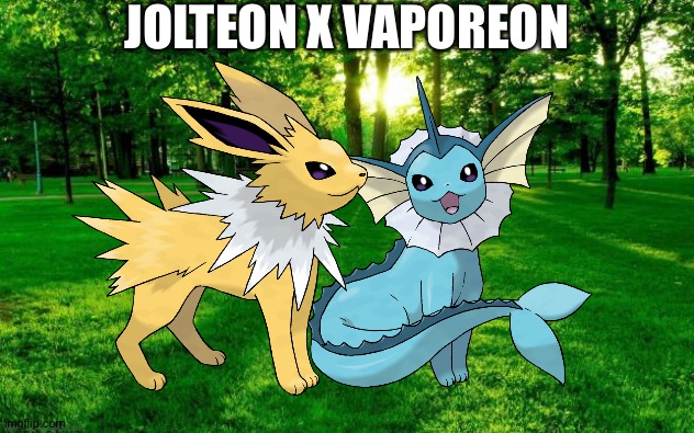 Jolteon and Vaporeon enjoying a romantic moment in the forest | JOLTEON X VAPOREON | image tagged in landscape | made w/ Imgflip meme maker
