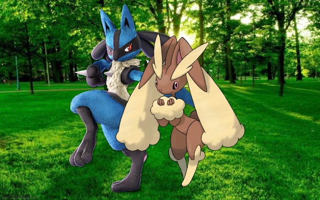 Lucario and Lopunny enjoying a romantic moment in the forest | image tagged in landscape | made w/ Imgflip meme maker