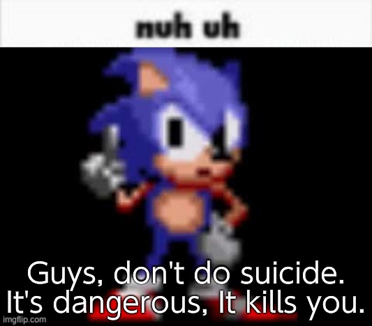 CD Sonic Nuh Uh | Guys, don't do suicide. It's dangerous, It kills you. | image tagged in cd sonic nuh uh | made w/ Imgflip meme maker