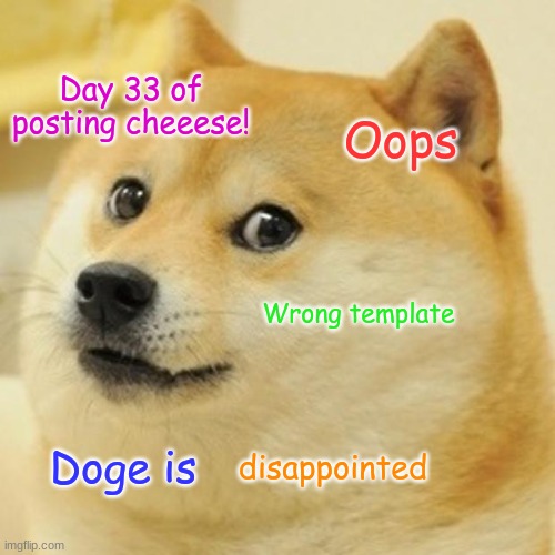 Wrong template | Day 33 of posting cheeese! Oops; Wrong template; disappointed; Doge is | image tagged in memes,doge,oops | made w/ Imgflip meme maker