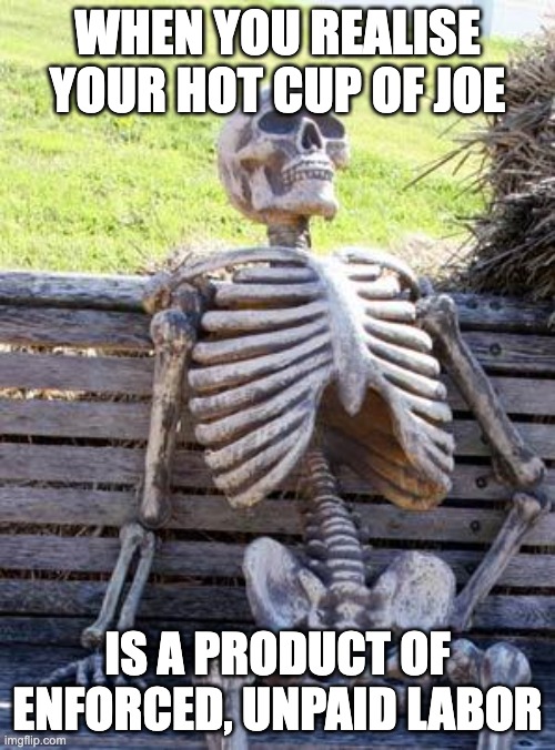 Waiting Skeleton | WHEN YOU REALISE YOUR HOT CUP OF JOE; IS A PRODUCT OF ENFORCED, UNPAID LABOR | image tagged in memes,waiting skeleton | made w/ Imgflip meme maker