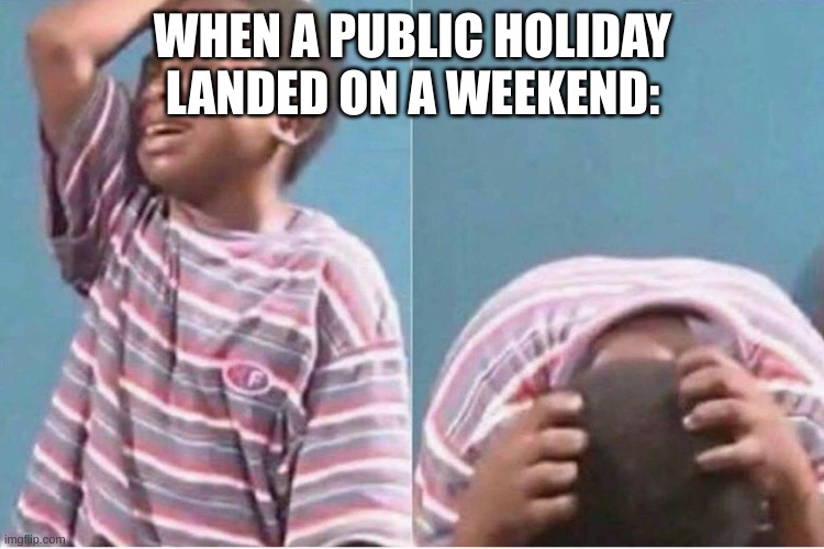 That Hurts more than your mother's a$$ whip | WHEN A PUBLIC HOLIDAY LANDED ON A WEEKEND: | image tagged in crying kid | made w/ Imgflip meme maker