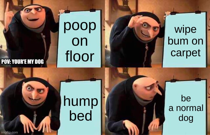 Gru's Plan | poop on floor; wipe bum on carpet; POV: YOUR'E MY DOG; hump bed; be a normal dog | image tagged in memes,gru's plan | made w/ Imgflip meme maker