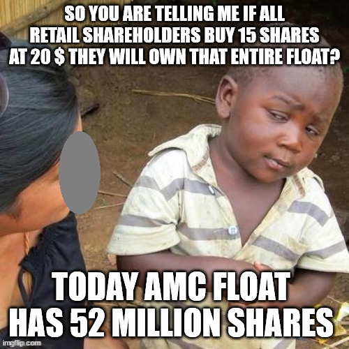 so you say | SO YOU ARE TELLING ME IF ALL RETAIL SHAREHOLDERS BUY 15 SHARES AT 20 $ THEY WILL OWN THAT ENTIRE FLOAT? TODAY AMC FLOAT HAS 52 MILLION SHARES | image tagged in so you say | made w/ Imgflip meme maker
