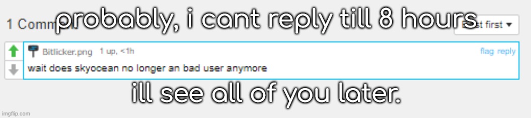 no | probably, i cant reply till 8 hours; ill see all of you later. | image tagged in n,o | made w/ Imgflip meme maker