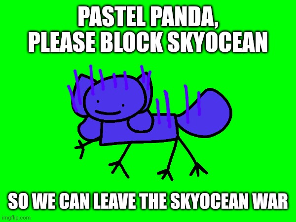 To Pastel Panda | PASTEL PANDA, PLEASE BLOCK SKYOCEAN; SO WE CAN LEAVE THE SKYOCEAN WAR | image tagged in skyocean,pastel panda,skyocean war | made w/ Imgflip meme maker