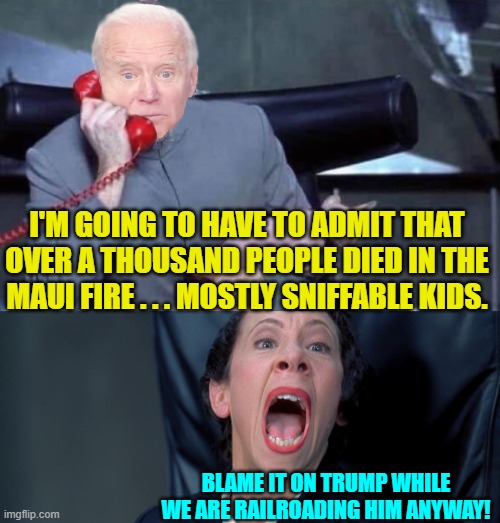 Grim . . . but probably accurate in regards to leftist intent. | I'M GOING TO HAVE TO ADMIT THAT OVER A THOUSAND PEOPLE DIED IN THE MAUI FIRE . . . MOSTLY SNIFFABLE KIDS. BLAME IT ON TRUMP WHILE WE ARE RAILROADING HIM ANYWAY! | image tagged in evil biden frau | made w/ Imgflip meme maker