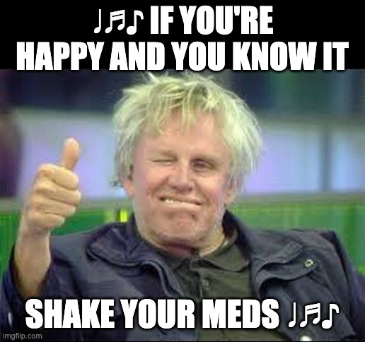 Meds | ♩♬♪ IF YOU'RE HAPPY AND YOU KNOW IT; SHAKE YOUR MEDS ♩♬♪ | image tagged in gary busey approves | made w/ Imgflip meme maker