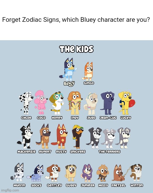 My Children | Forget Zodiac Signs, which Bluey character are you? | image tagged in my children,bluey,funny | made w/ Imgflip meme maker