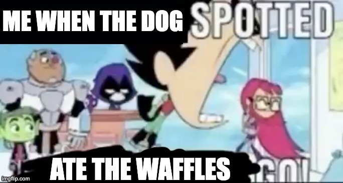 ____ spotted ____ go! | ME WHEN THE DOG; ATE THE WAFFLES | image tagged in ____ spotted ____ go | made w/ Imgflip meme maker