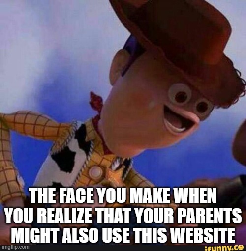 oopsie poopsie, i guess | THE FACE YOU MAKE WHEN YOU REALIZE THAT YOUR PARENTS MIGHT ALSO USE THIS WEBSITE | image tagged in derpy woody | made w/ Imgflip meme maker