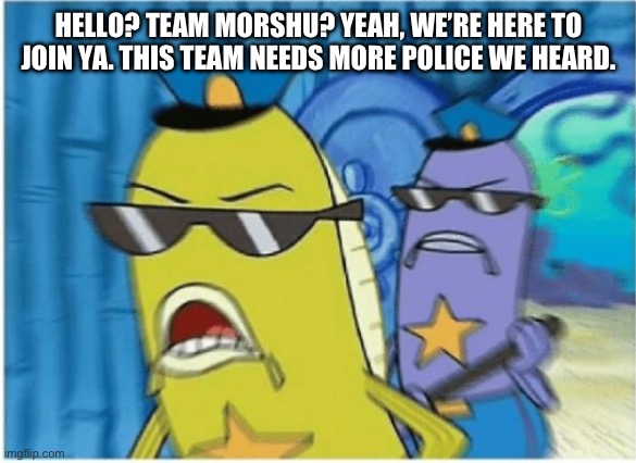 Spongebob Police | HELLO? TEAM MORSHU? YEAH, WE’RE HERE TO JOIN YA. THIS TEAM NEEDS MORE POLICE WE HEARD. | image tagged in spongebob police | made w/ Imgflip meme maker