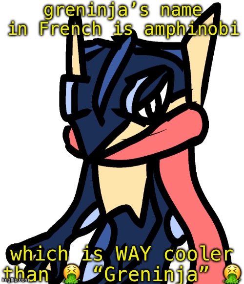 Like a cross of amphibian and shinobi | greninja’s name in French is amphinobi; which is WAY cooler than 🤮 “Greninja” 🤮 | image tagged in greninja drawn by nugget | made w/ Imgflip meme maker