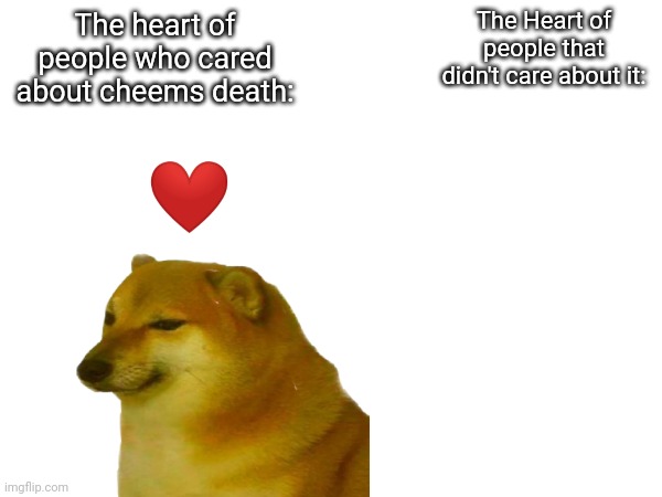 We will miss you, lil guy... | The Heart of people that didn't care about it:; The heart of people who cared about cheems death: | image tagged in memes,cheems,death,heart,sadness | made w/ Imgflip meme maker