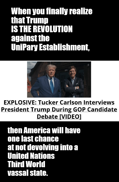 Trump IS the Revolution against UniParty Establishment "business as usual" politics. | When you finally realize 
that Trump 
IS THE REVOLUTION
against the 
UniPary Establishment, then America will have 
one last chance 
at not devolving into a 
United Nations 
Third World
vassal state. | image tagged in memes,politics,trump,tucker,fox news | made w/ Imgflip meme maker
