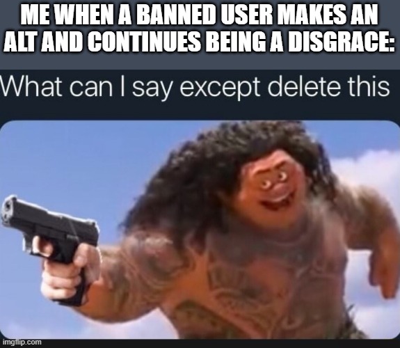 what san I say except... DELETE THIS | ME WHEN A BANNED USER MAKES AN ALT AND CONTINUES BEING A DISGRACE: | image tagged in what can i say except delete this,alt | made w/ Imgflip meme maker