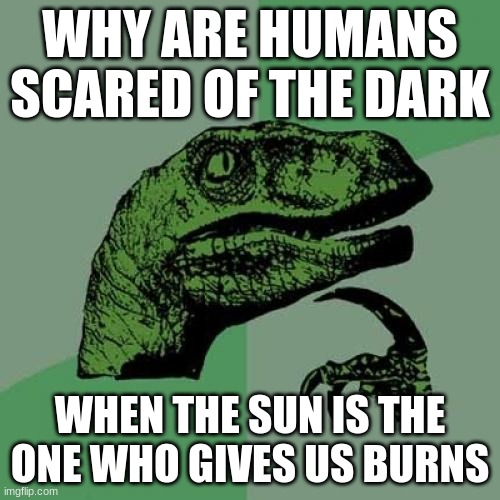 Huh | WHY ARE HUMANS SCARED OF THE DARK; WHEN THE SUN IS THE ONE WHO GIVES US BURNS | image tagged in memes,philosoraptor | made w/ Imgflip meme maker