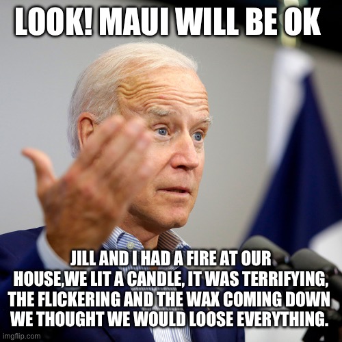 Quid pro joe | LOOK! MAUI WILL BE OK; JILL AND I HAD A FIRE AT OUR HOUSE,WE LIT A CANDLE, IT WAS TERRIFYING, THE FLICKERING AND THE WAX COMING DOWN 
WE THOUGHT WE WOULD LOOSE EVERYTHING. | image tagged in quid pro joe | made w/ Imgflip meme maker