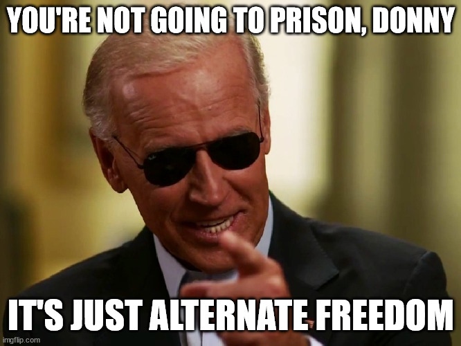 Cool Joe Biden | YOU'RE NOT GOING TO PRISON, DONNY; IT'S JUST ALTERNATE FREEDOM | image tagged in cool joe biden | made w/ Imgflip meme maker