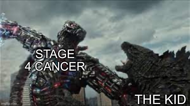 Godzilla vs Mecha Godzilla template | STAGE 4 CANCER THE KID | image tagged in godzilla vs mecha godzilla template | made w/ Imgflip meme maker