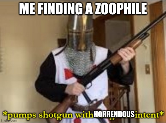 i have offically joined the community. where are our enemys  | ME FINDING A ZOOPHILE; HORRENDOUS | image tagged in loads shotgun with religious intent | made w/ Imgflip meme maker