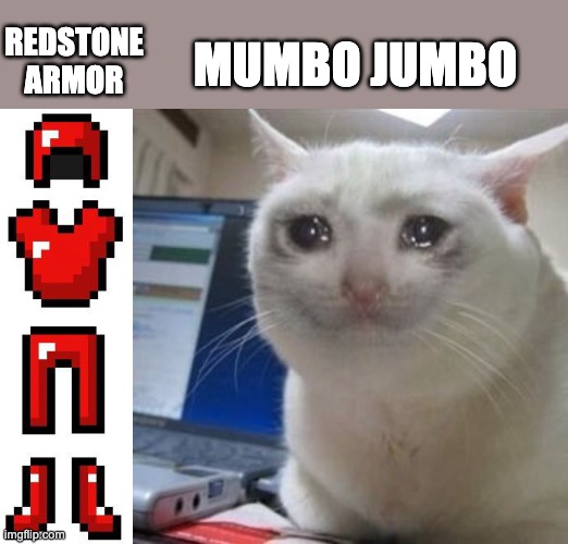 REDSTONE ARMOR; MUMBO JUMBO | image tagged in sad cat tears | made w/ Imgflip meme maker