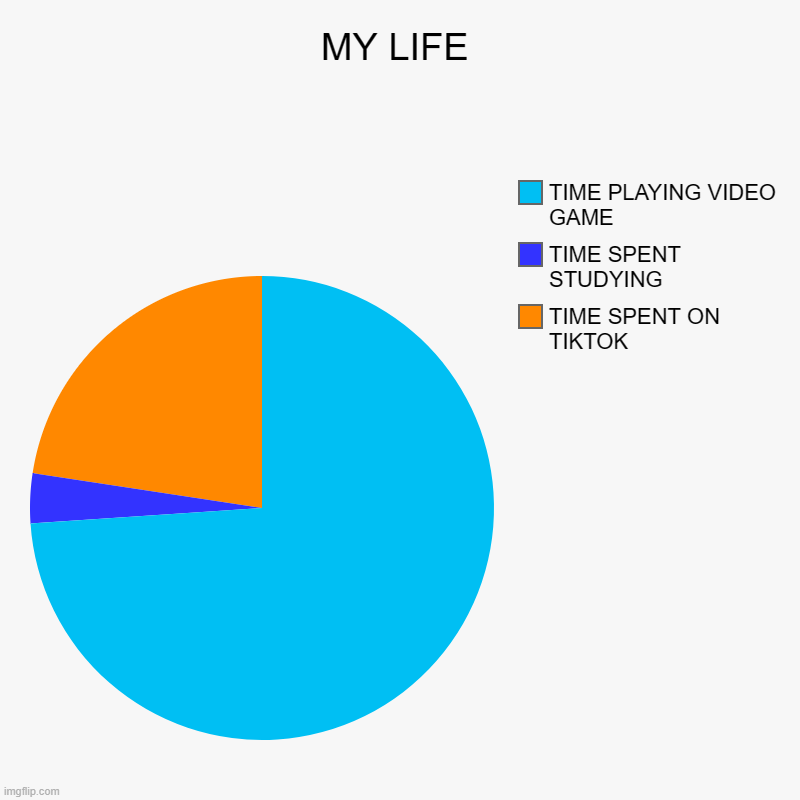 tell me im right | MY LIFE | TIME SPENT ON TIKTOK, TIME SPENT STUDYING, TIME PLAYING VIDEO GAME | image tagged in charts,pie charts | made w/ Imgflip chart maker