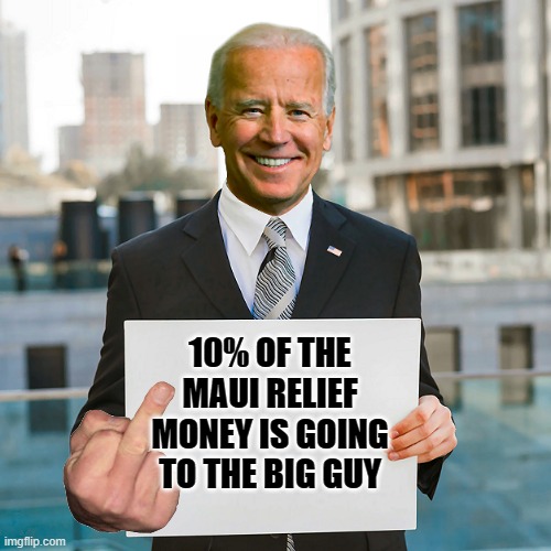 10% for the Big Guy | 10% OF THE MAUI RELIEF MONEY IS GOING TO THE BIG GUY | image tagged in joe biden blank sign,hunter biden,maui | made w/ Imgflip meme maker
