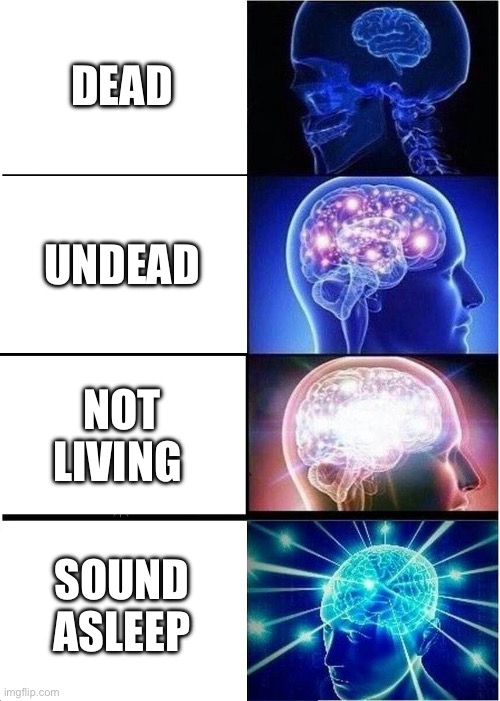 Expanding Brain | DEAD; UNDEAD; NOT LIVING; SOUND ASLEEP | image tagged in memes,expanding brain | made w/ Imgflip meme maker