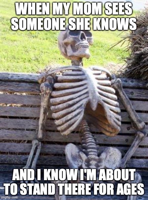 Waiting Skeleton | WHEN MY MOM SEES SOMEONE SHE KNOWS; AND I KNOW I'M ABOUT TO STAND THERE FOR AGES | image tagged in memes,waiting skeleton | made w/ Imgflip meme maker