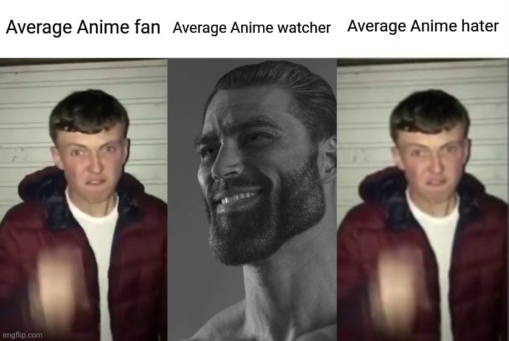 The chads are inbetween the two | Average Anime hater; Average Anime watcher; Average Anime fan | image tagged in average fan vs average enjoyer,anime | made w/ Imgflip meme maker