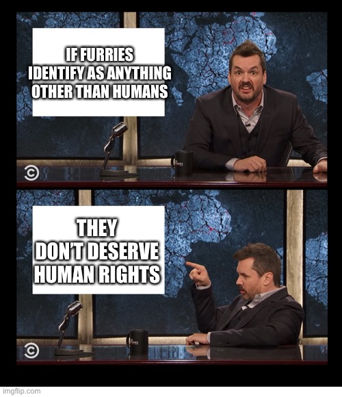 NEWSCASTER JIM JEFFERIES TWO PANEL BLANK | IF FURRIES IDENTIFY AS ANYTHING OTHER THAN HUMANS; THEY DON’T DESERVE HUMAN RIGHTS | image tagged in newscaster jim jefferies two panel blank | made w/ Imgflip meme maker