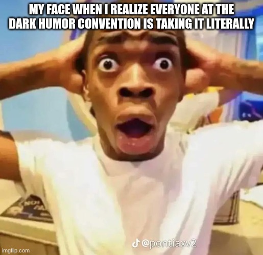 Shocked black guy | MY FACE WHEN I REALIZE EVERYONE AT THE DARK HUMOR CONVENTION IS TAKING IT LITERALLY | image tagged in shocked black guy | made w/ Imgflip meme maker