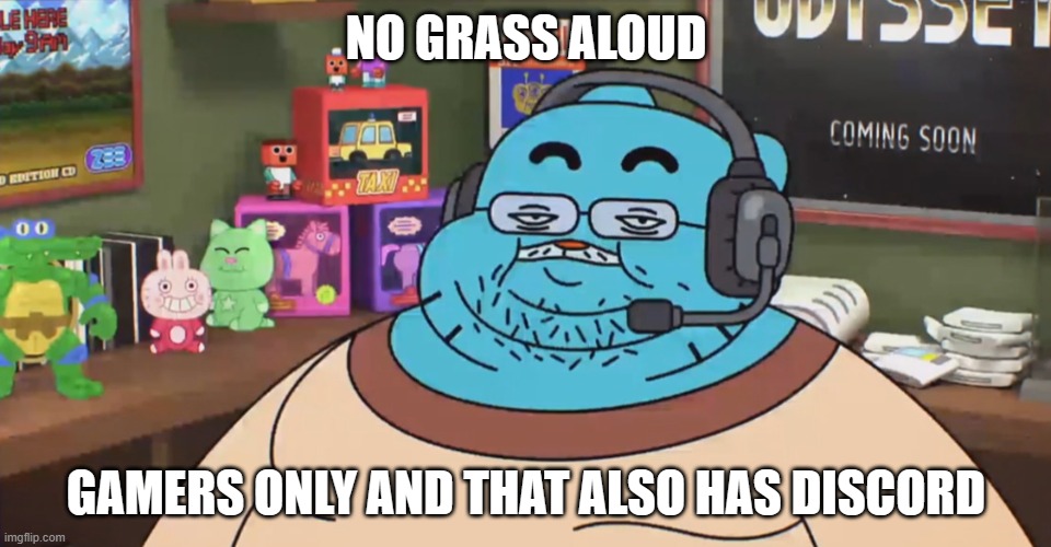 NO GRASS ALOUD | NO GRASS ALOUD; GAMERS ONLY AND THAT ALSO HAS DISCORD | image tagged in discord moderator | made w/ Imgflip meme maker