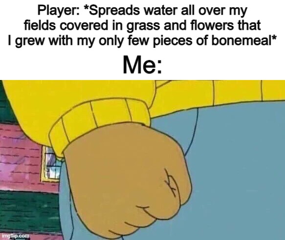 I hate when people do this >:( | Player: *Spreads water all over my fields covered in grass and flowers that I grew with my only few pieces of bonemeal*; Me: | image tagged in memes,arthur fist | made w/ Imgflip meme maker