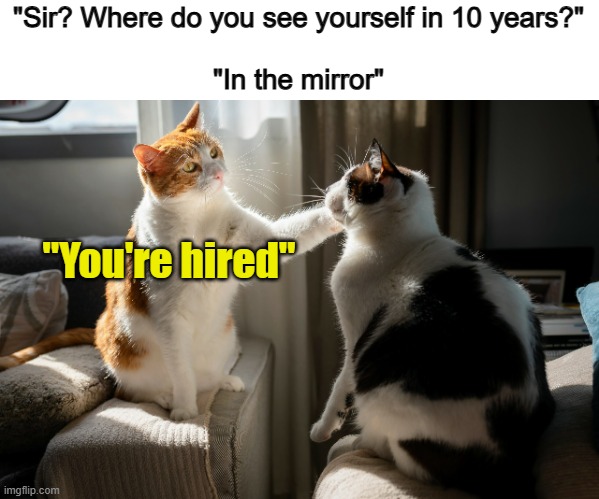 That's a smart answer 0-0 | "Sir? Where do you see yourself in 10 years?"
 
"In the mirror"; "You're hired" | made w/ Imgflip meme maker