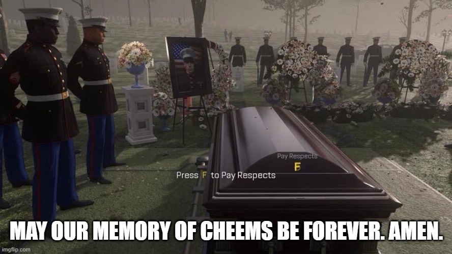 F in the comments. | MAY OUR MEMORY OF CHEEMS BE FOREVER. AMEN. | image tagged in press f to pay respects | made w/ Imgflip meme maker