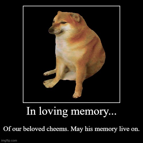In loving memory... | Of our beloved cheems. May his memory live on. | image tagged in funny,demotivationals | made w/ Imgflip demotivational maker