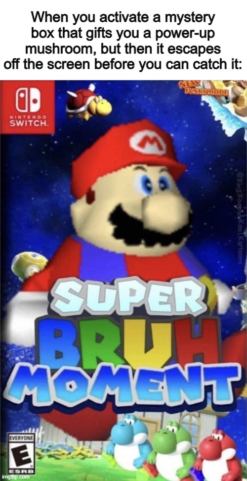 :( | When you activate a mystery box that gifts you a power-up mushroom, but then it escapes off the screen before you can catch it: | image tagged in super bruh moment | made w/ Imgflip meme maker