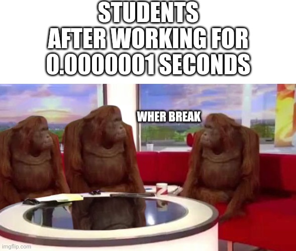 Very tru | STUDENTS AFTER WORKING FOR 0.0000001 SECONDS; WHER BREAK | image tagged in where monkey,school | made w/ Imgflip meme maker