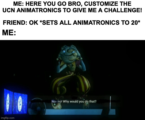 Seriously man I'm trying to actually play the game | ME: HERE YOU GO BRO, CUSTOMIZE THE UCN ANIMATRONICS TO GIVE ME A CHALLENGE! FRIEND: OK *SETS ALL ANIMATRONICS TO 20*; ME: | image tagged in why would you do that | made w/ Imgflip meme maker